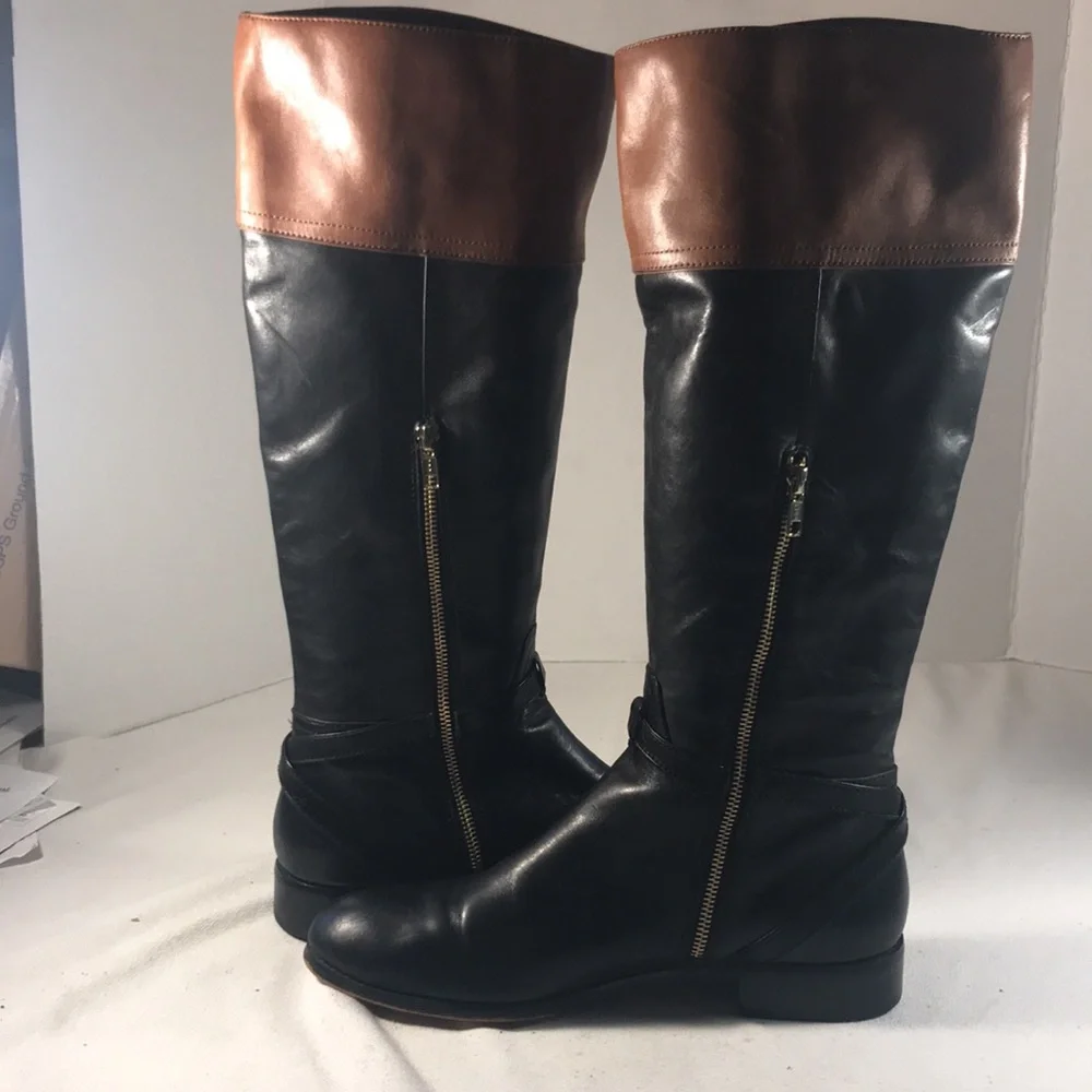 Coach Micha Black and Brown Leather Knee-High Women's Side Zip Riding Boots